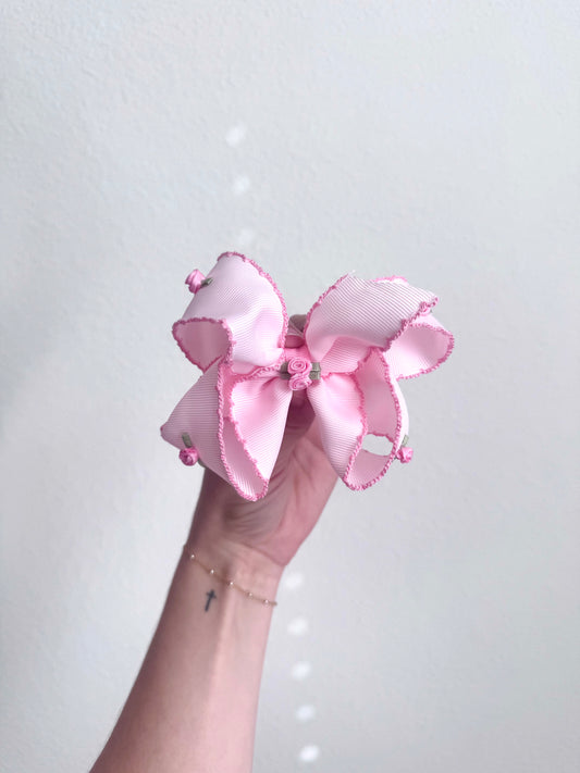 Pink Floral with Pink Moonstitch Edge Bow