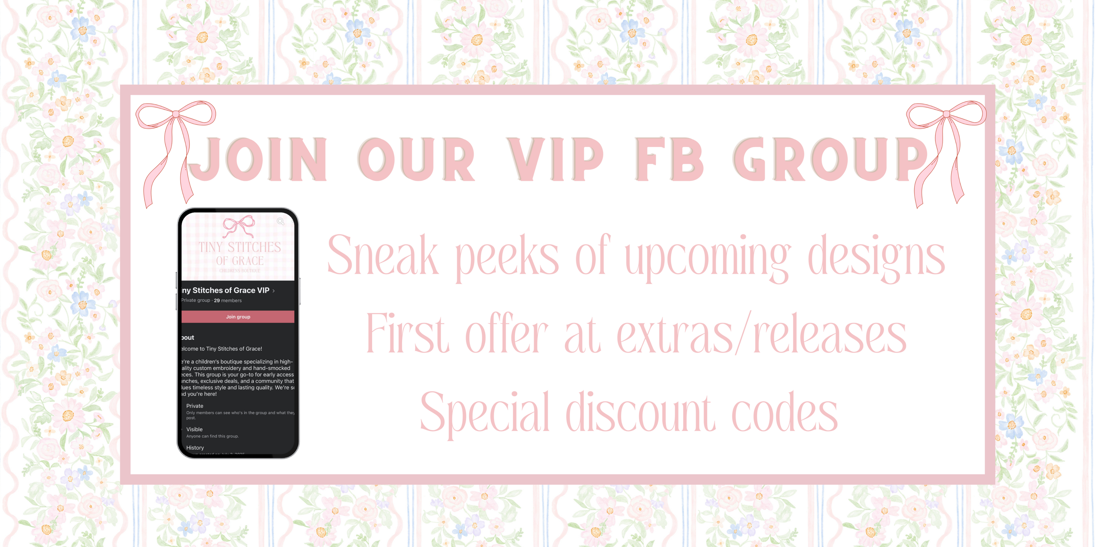 Promotional graphic for joining a VIP Facebook group with phone icon and text on floral patterned background
